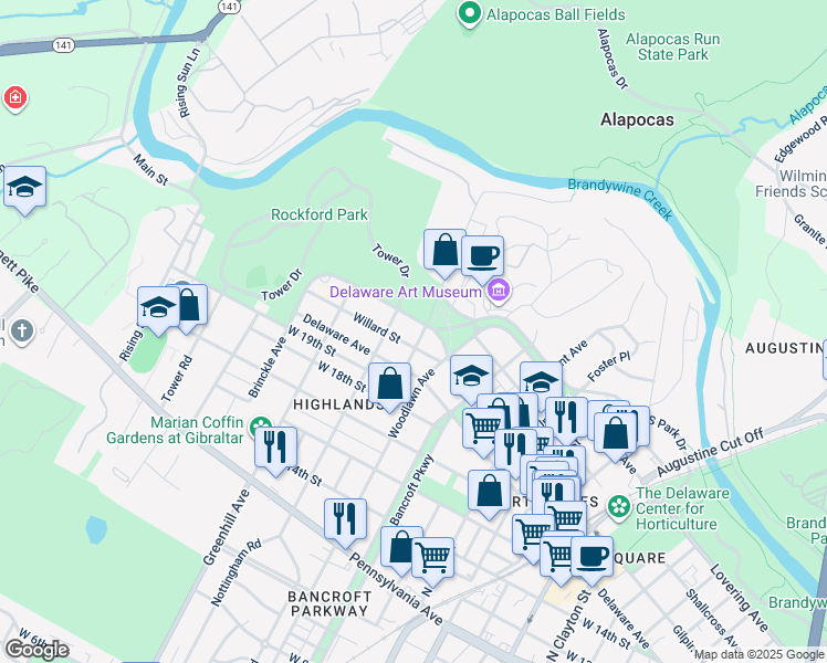 map of restaurants, bars, coffee shops, grocery stores, and more near in Wilmington