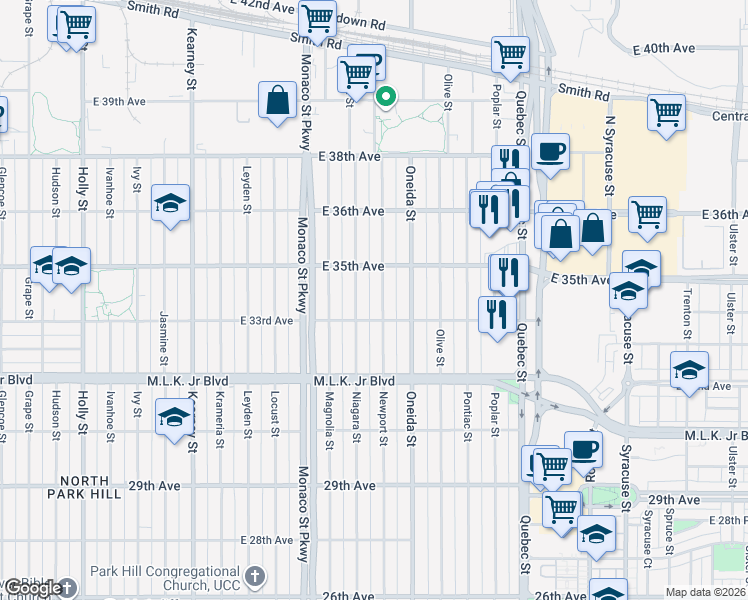 map of restaurants, bars, coffee shops, grocery stores, and more near 3363 Newport Street in Denver