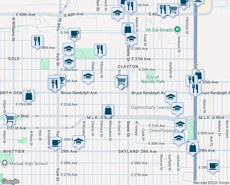 map of restaurants, bars, coffee shops, grocery stores, and more near 3428 Milwaukee Street in Denver