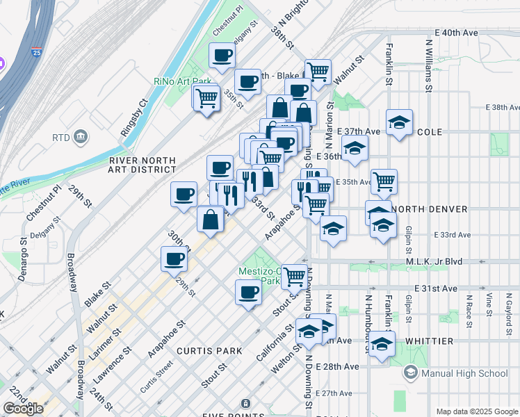 map of restaurants, bars, coffee shops, grocery stores, and more near 3301 Lawrence Street in Denver