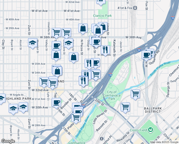 map of restaurants, bars, coffee shops, grocery stores, and more near in Denver