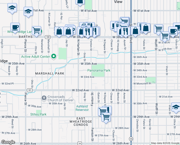 map of restaurants, bars, coffee shops, grocery stores, and more near Fenton Street in Wheat Ridge