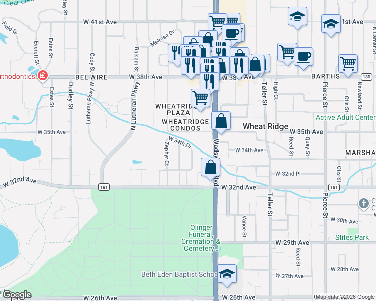 map of restaurants, bars, coffee shops, grocery stores, and more near 7848 West 34th Drive in Wheat Ridge