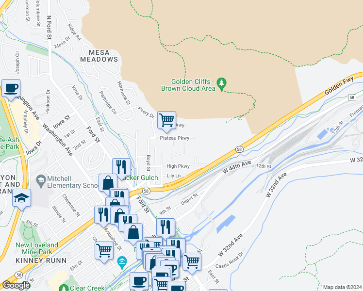 map of restaurants, bars, coffee shops, grocery stores, and more near 403 Butte Parkway in Golden