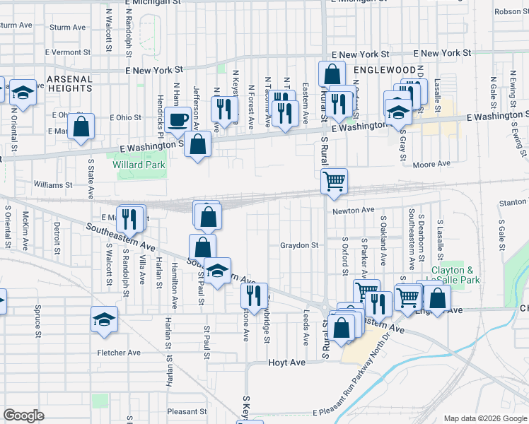 map of restaurants, bars, coffee shops, grocery stores, and more near 200 South Keystone Avenue in Indianapolis