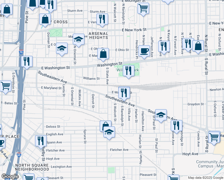 map of restaurants, bars, coffee shops, grocery stores, and more near 119 South State Avenue in Indianapolis