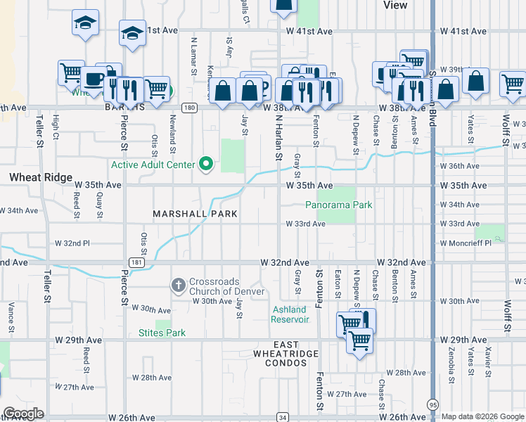 map of restaurants, bars, coffee shops, grocery stores, and more near 3340 Ingalls Street in Wheat Ridge