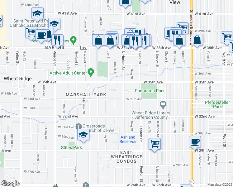 map of restaurants, bars, coffee shops, grocery stores, and more near 3340 Ingalls Street in Wheat Ridge