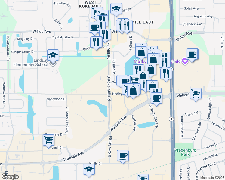 map of restaurants, bars, coffee shops, grocery stores, and more near 2384 South Koke Mill Road in Springfield