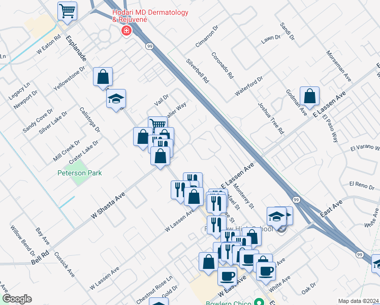 map of restaurants, bars, coffee shops, grocery stores, and more near 199 East Shasta Avenue in Chico