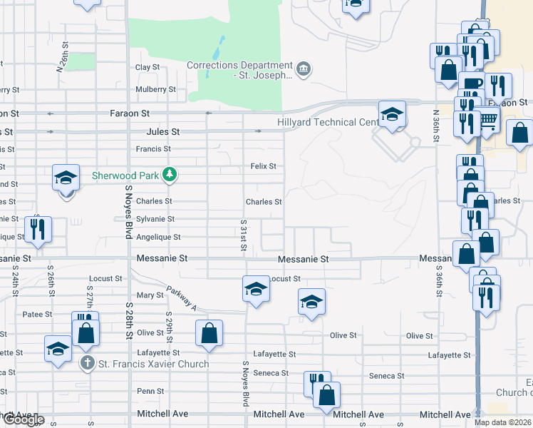map of restaurants, bars, coffee shops, grocery stores, and more near 3124 Charles Street in Saint Joseph
