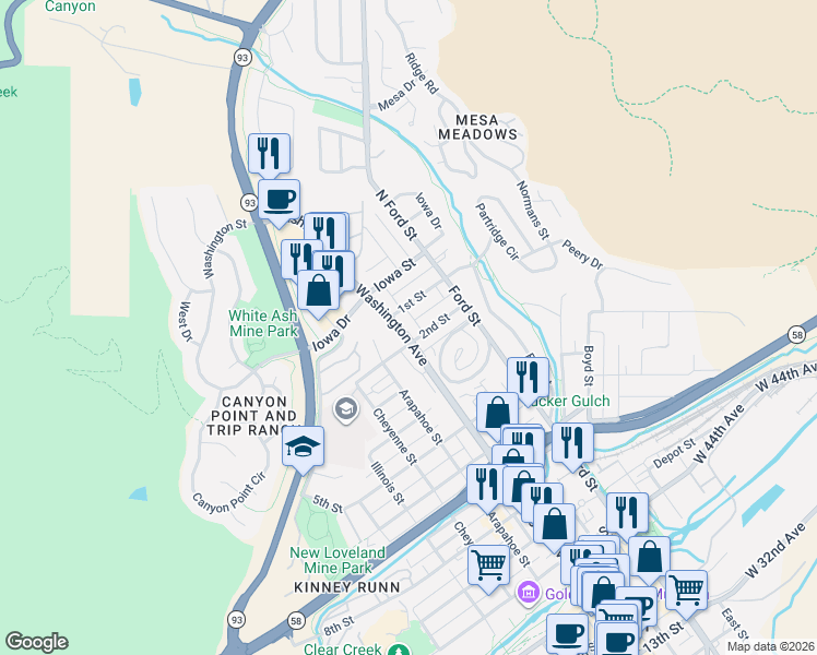 map of restaurants, bars, coffee shops, grocery stores, and more near 171 Washington Avenue in Golden