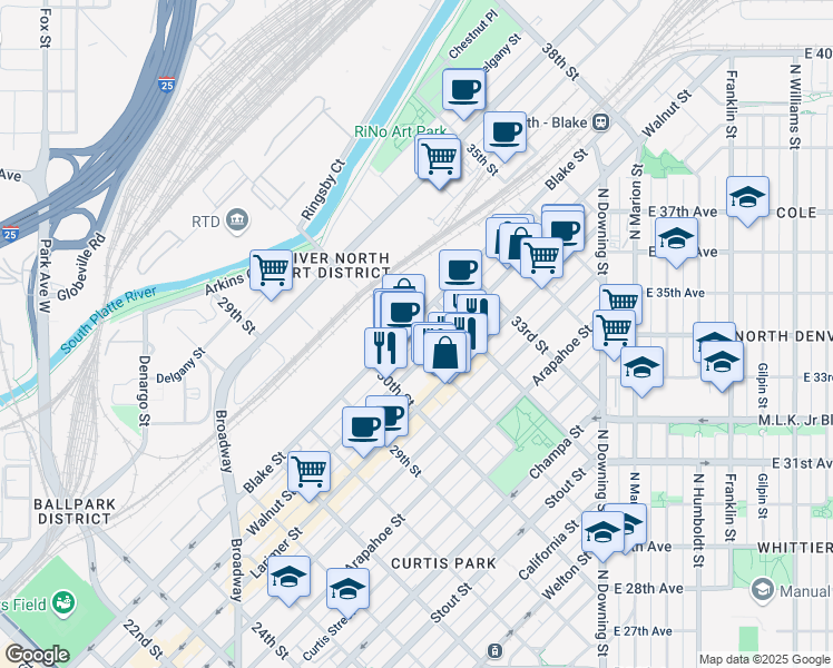 map of restaurants, bars, coffee shops, grocery stores, and more near in Denver