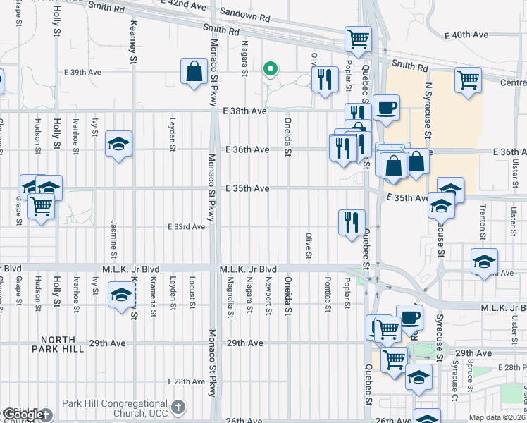 map of restaurants, bars, coffee shops, grocery stores, and more near 3363 Newport Street in Denver