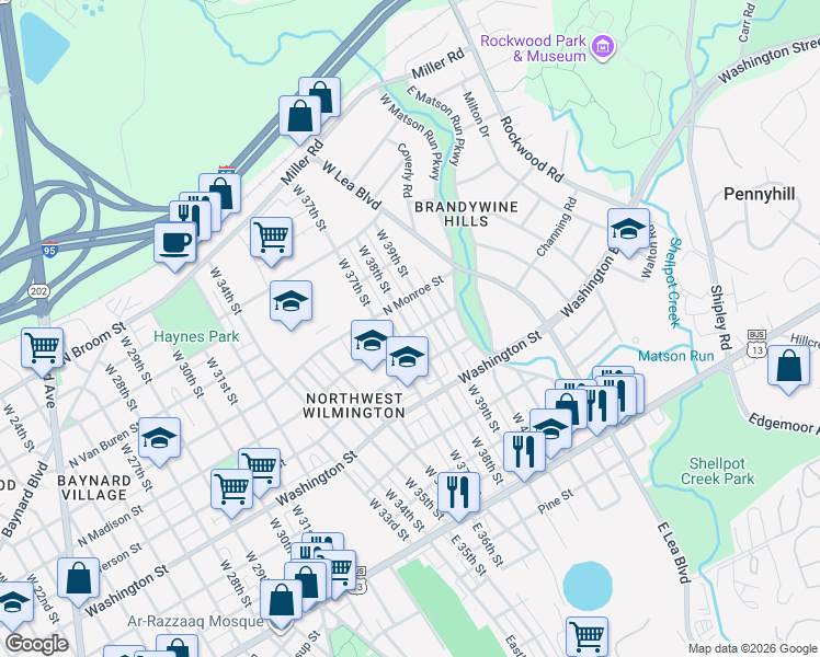 map of restaurants, bars, coffee shops, grocery stores, and more near 508 West 39th Street in Wilmington