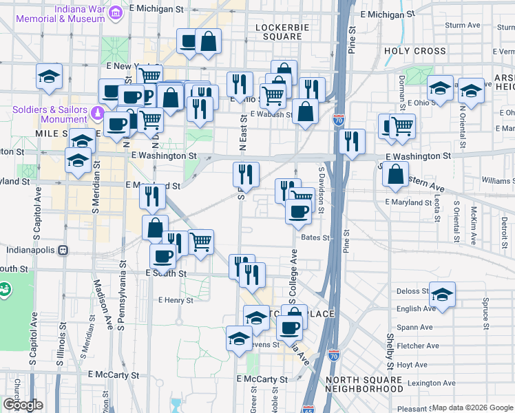 map of restaurants, bars, coffee shops, grocery stores, and more near Pope Street in Indianapolis