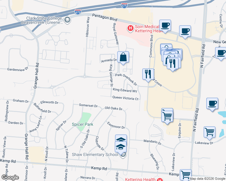 map of restaurants, bars, coffee shops, grocery stores, and more near 3558 King Edward Way in Dayton