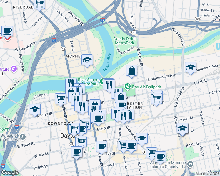 map of restaurants, bars, coffee shops, grocery stores, and more near 312 North Patterson Boulevard in Dayton