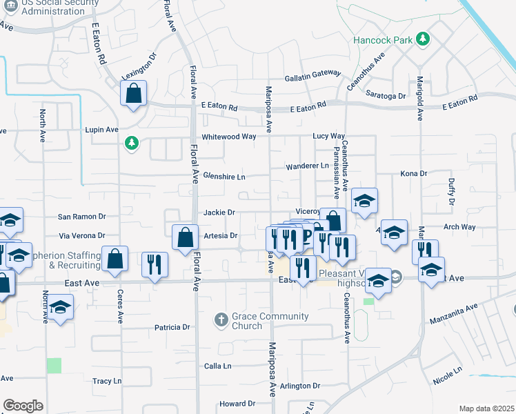 map of restaurants, bars, coffee shops, grocery stores, and more near 20 Tierra Rosa Lane in Chico