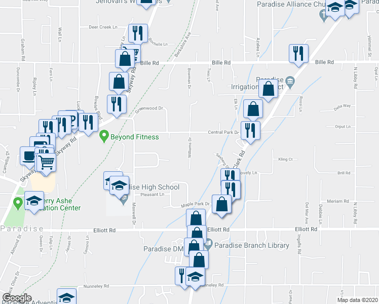 map of restaurants, bars, coffee shops, grocery stores, and more near 6023 Williams Drive in Paradise