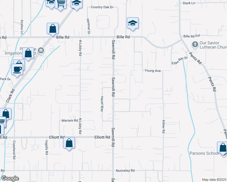 map of restaurants, bars, coffee shops, grocery stores, and more near Sawmill Road & Kay Court in Paradise