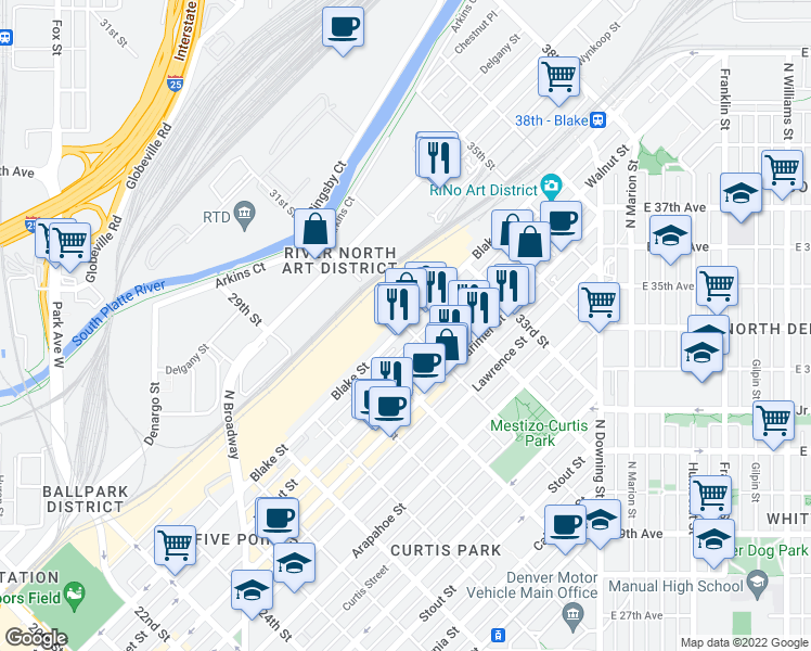 map of restaurants, bars, coffee shops, grocery stores, and more near Blake St & 31st St in Denver