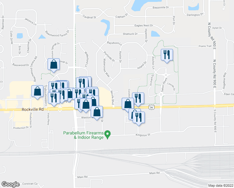 map of restaurants, bars, coffee shops, grocery stores, and more near 8341 Nicole Court in Avon