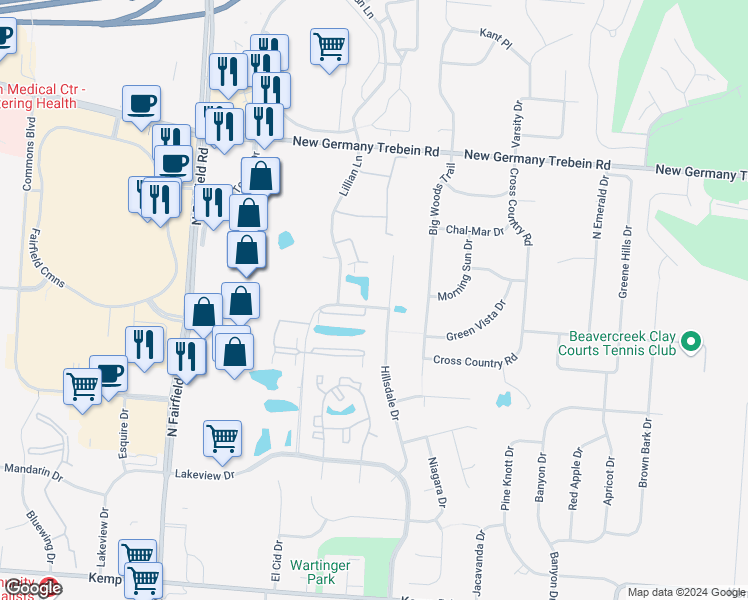 map of restaurants, bars, coffee shops, grocery stores, and more near 3018 Glenbrook Drive in Beavercreek