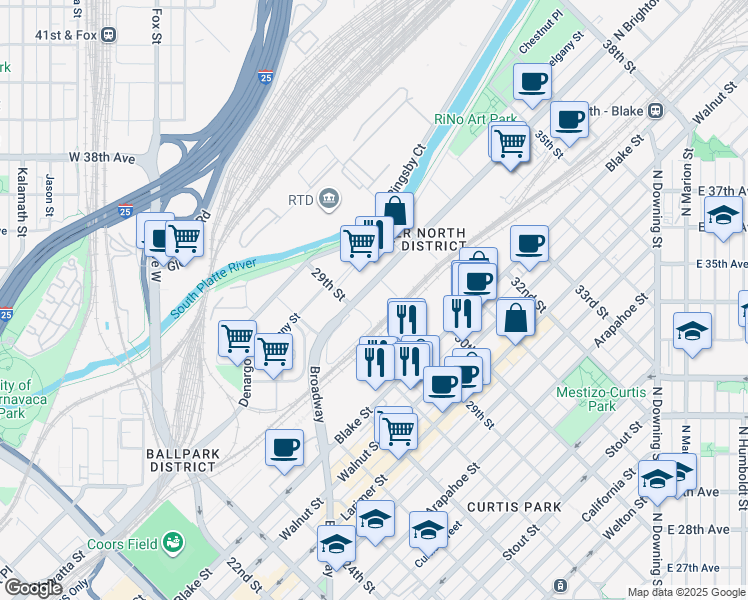 map of restaurants, bars, coffee shops, grocery stores, and more near 2900 Brighton Boulevard in Denver