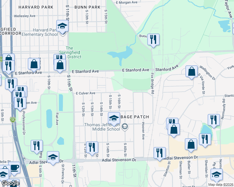 map of restaurants, bars, coffee shops, grocery stores, and more near 2801 South 16th Street in Springfield
