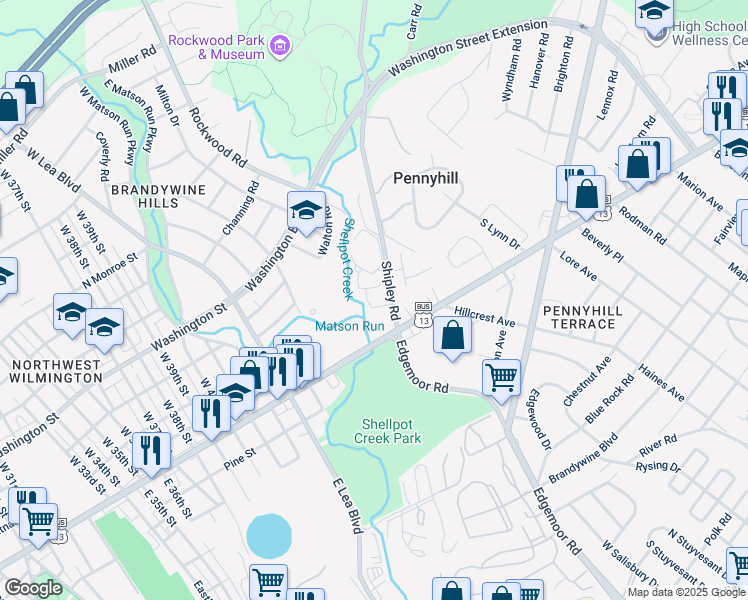 map of restaurants, bars, coffee shops, grocery stores, and more near 2216 Heather Court in Wilmington