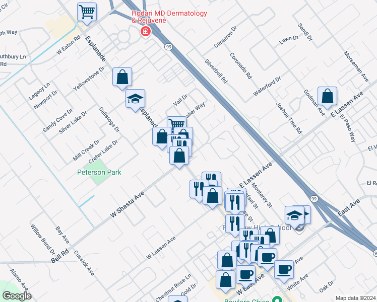 map of restaurants, bars, coffee shops, grocery stores, and more near 152 East Shasta Avenue in Chico