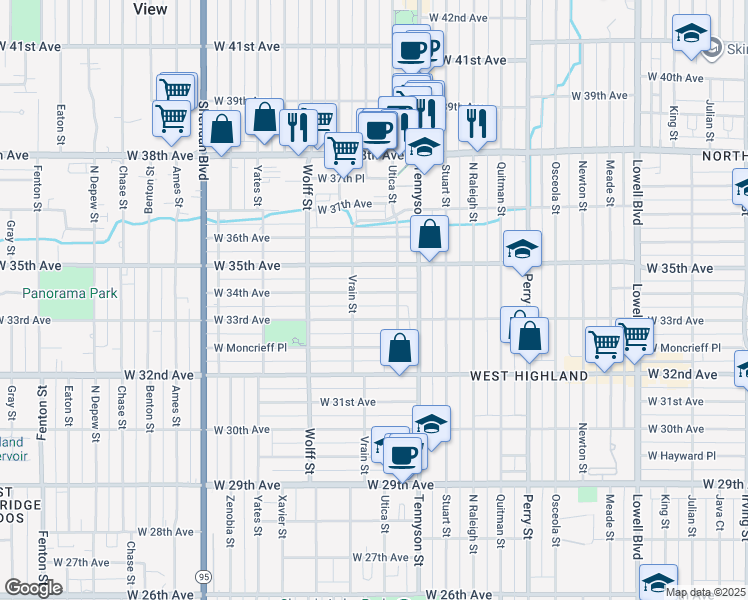 map of restaurants, bars, coffee shops, grocery stores, and more near 4563 West 34th Avenue in Denver