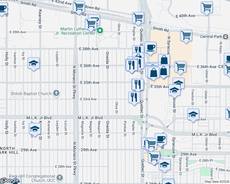 map of restaurants, bars, coffee shops, grocery stores, and more near 3365 Olive Street in Denver