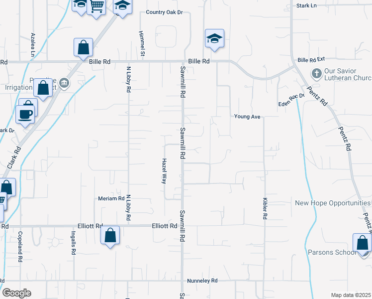 map of restaurants, bars, coffee shops, grocery stores, and more near 6020 Sawmill Road in Paradise