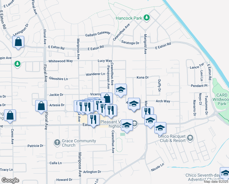 map of restaurants, bars, coffee shops, grocery stores, and more near 2738 Ceanothus Avenue in Chico