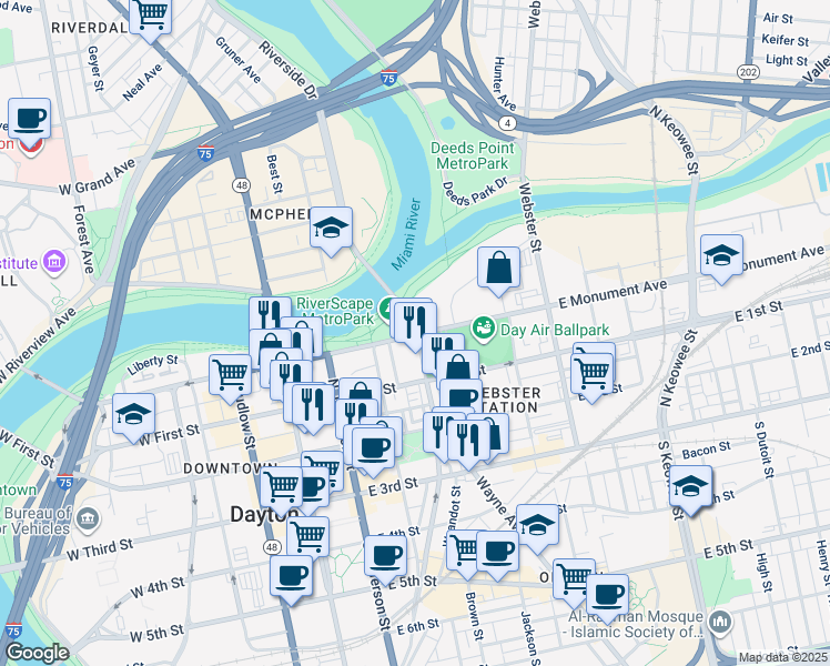 map of restaurants, bars, coffee shops, grocery stores, and more near in Dayton