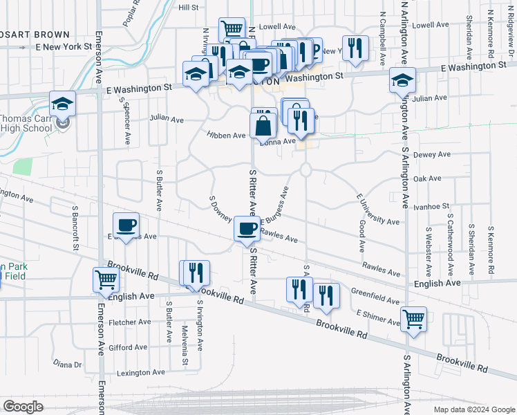 map of restaurants, bars, coffee shops, grocery stores, and more near 309 South Ritter Avenue in Indianapolis