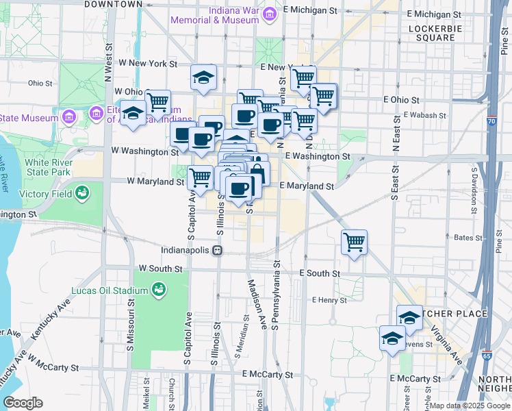 map of restaurants, bars, coffee shops, grocery stores, and more near 130 South Meridian Street in Indianapolis