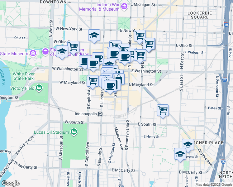 map of restaurants, bars, coffee shops, grocery stores, and more near 130 South Meridian Street in Indianapolis