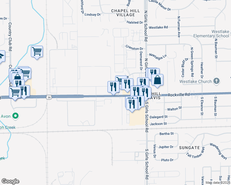 map of restaurants, bars, coffee shops, grocery stores, and more near 7455 Rockleigh Ave in Indianapolis