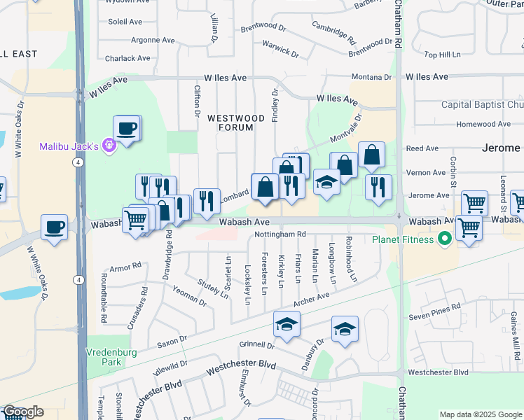 map of restaurants, bars, coffee shops, grocery stores, and more near Lombard Ave in Springfield