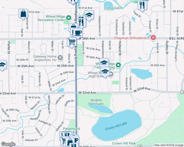 map of restaurants, bars, coffee shops, grocery stores, and more near 9810 West 34th Drive in Wheat Ridge