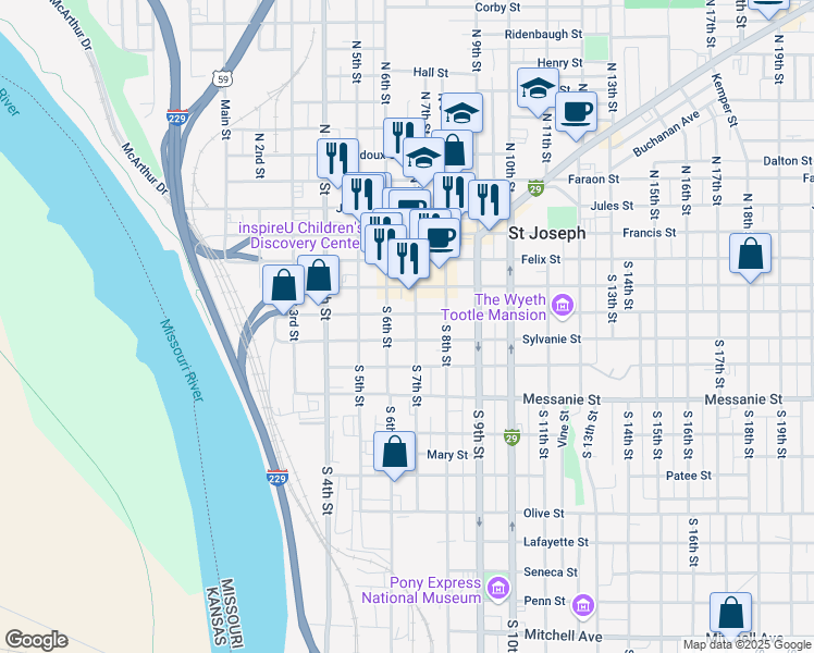 map of restaurants, bars, coffee shops, grocery stores, and more near 218 South 7th Street in Saint Joseph