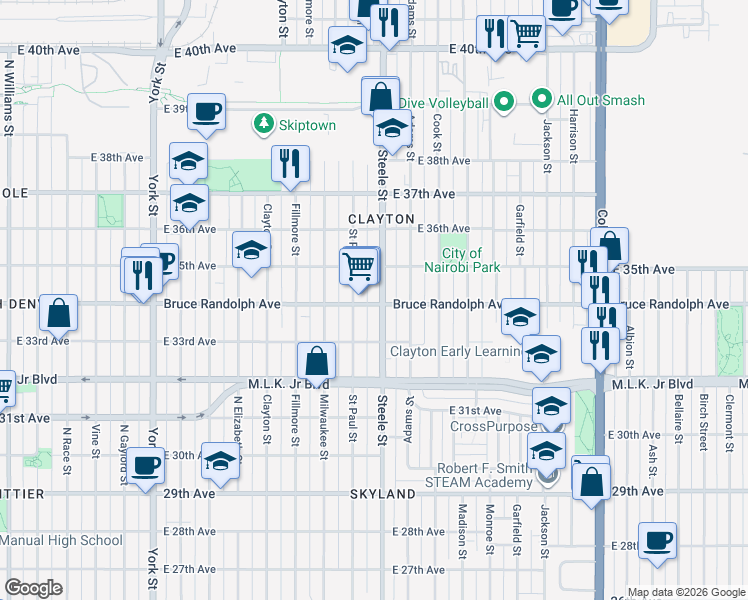 map of restaurants, bars, coffee shops, grocery stores, and more near 3427 Steele Street in Denver
