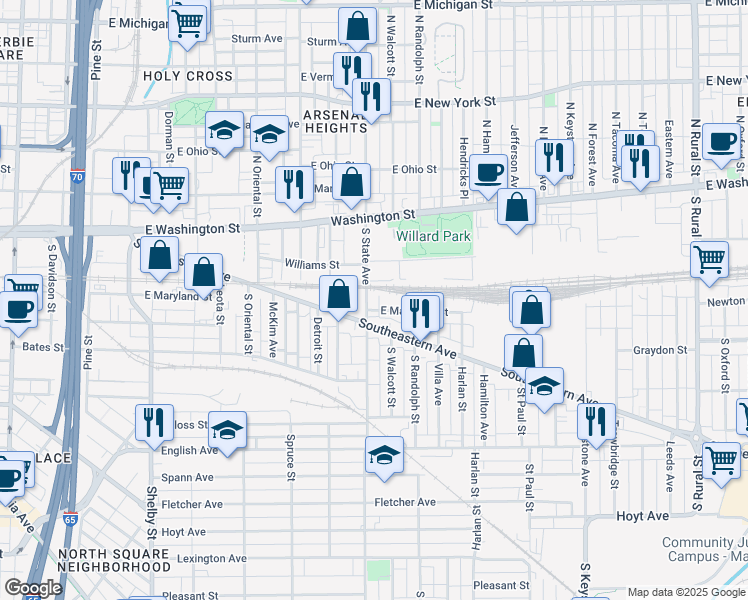 map of restaurants, bars, coffee shops, grocery stores, and more near 119 South State Avenue in Indianapolis