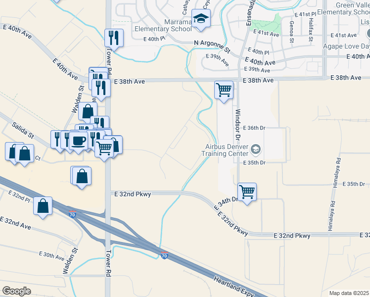 map of restaurants, bars, coffee shops, grocery stores, and more near 19100 East 38th Avenue in Aurora