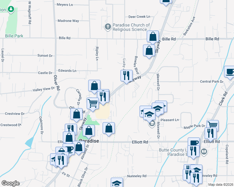 map of restaurants, bars, coffee shops, grocery stores, and more near 7020 Skyway Road in Paradise