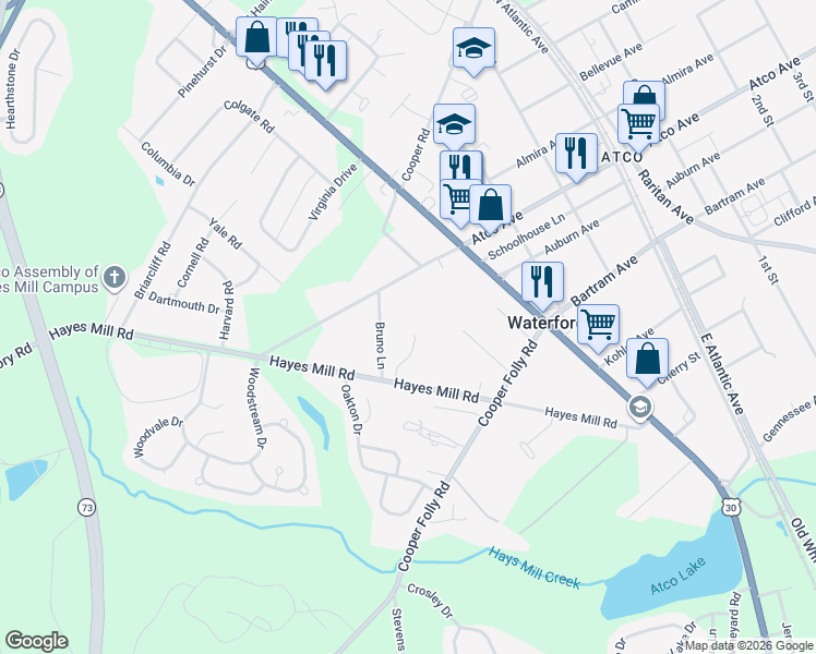 map of restaurants, bars, coffee shops, grocery stores, and more near 470 Waterfords Edge Court in Atco