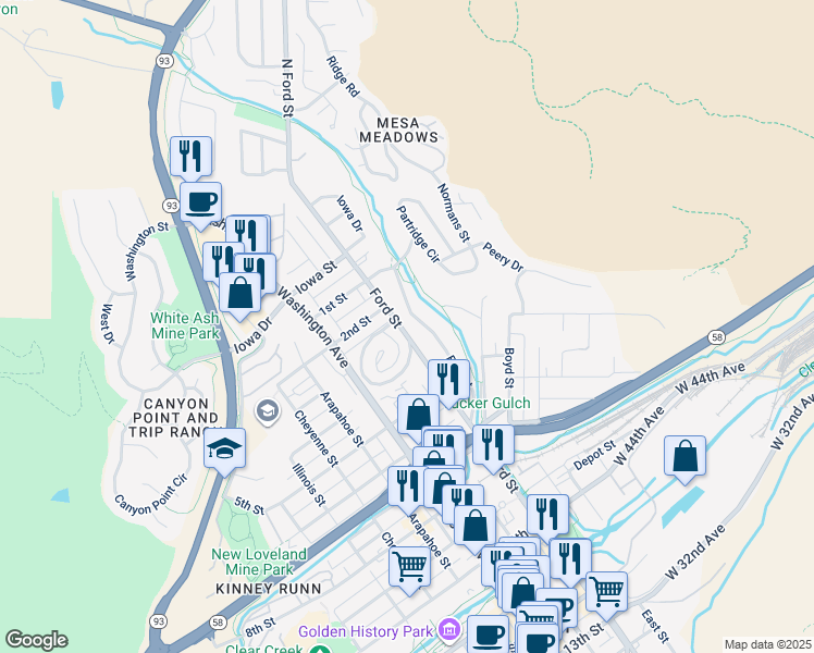 map of restaurants, bars, coffee shops, grocery stores, and more near 217 Ford Street in Golden